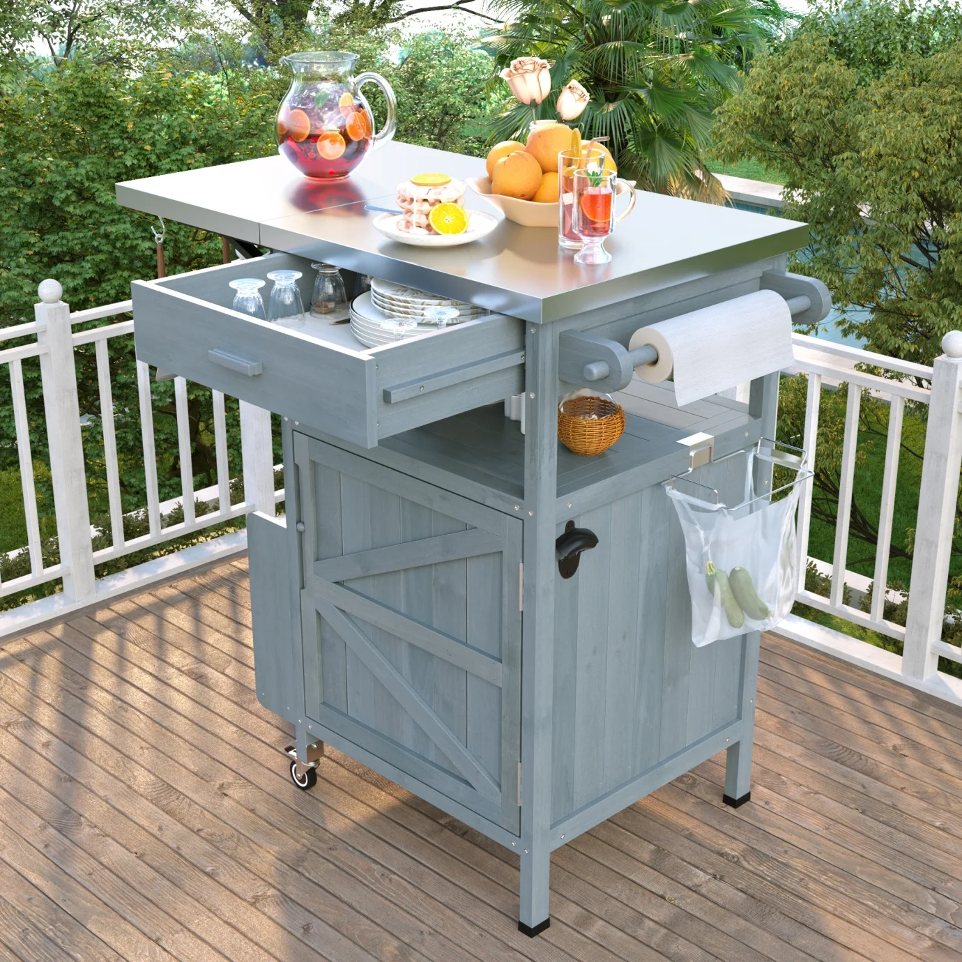 Solid Wood Outdoor Kitchen Island with Drop Leaf, Grill Table with Stainless Steel Table Top, Outdoor Bar Cart & Storage Cabinet with Lockable Wheels, Drawer, Spice Rack, Blue Grey