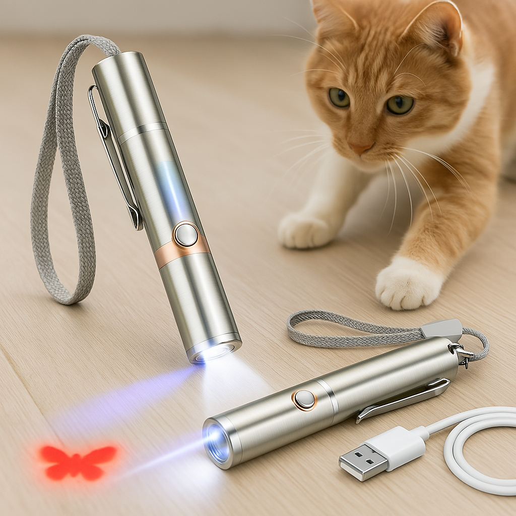 Oplaadbaar Roestvrijstalen Kattenlaserspeelgoed met 3 Lichtmodi en 5 Patronen