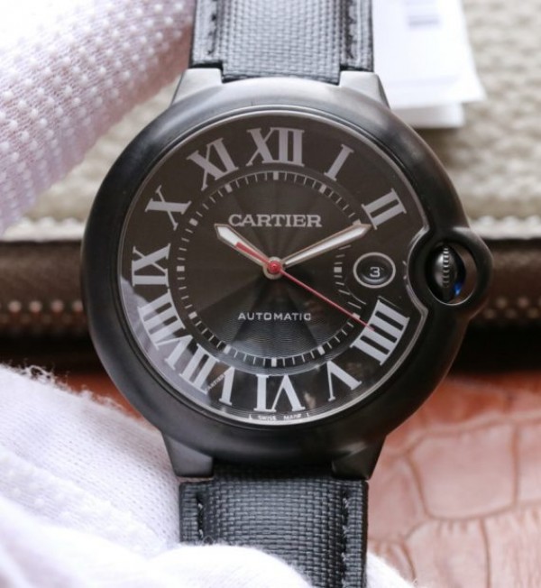 Replica Cartier V6F Ballon Bleu 42mm DLC All Black Black Textured Dial Leather Strap A1847 - Top club