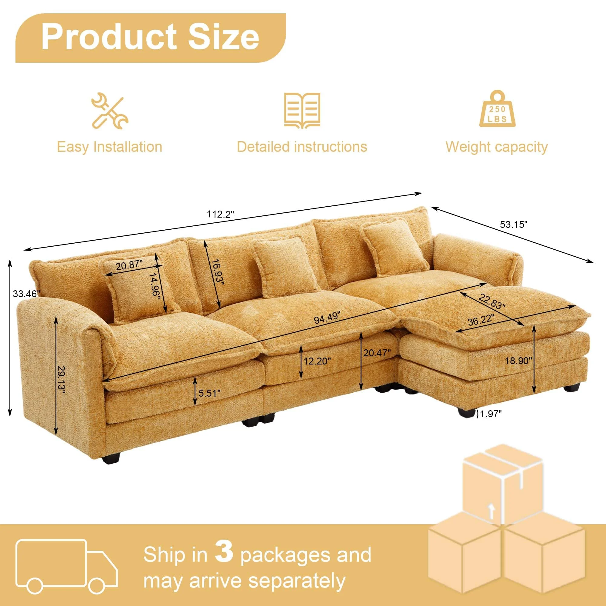 GNIXUU 112" Oversized Sectional Sofa Cloud Couch for Living Room, Modern Chenille L Shaped Couch, Comfy Boucle Modular Sofa Sleeper with Moveable Ottoman & Memory Foam (Green) - Image 22