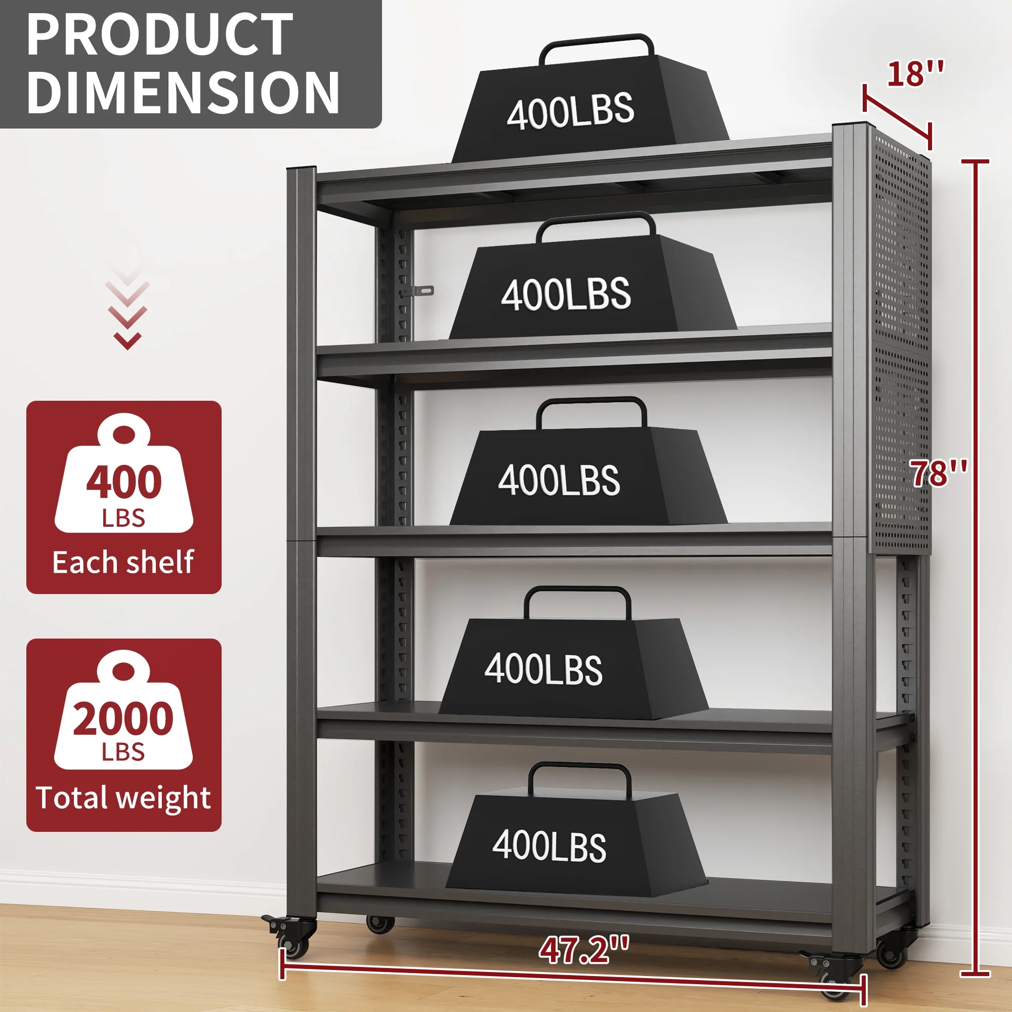 Alvantor 5 Tier Storage Shelves with Pegboard and Wheels, Metal Heavy Duty Shelving Unit for Garages, Offices 18