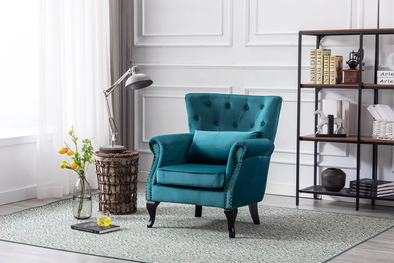 Guyou Mid Century Accent Chair Modern Button Tufted Armchair Wingback Club Chair Velvet Single Sofa Lounge Chair with Pillow for Living Room Bedroom, Teal Blue - Image 5