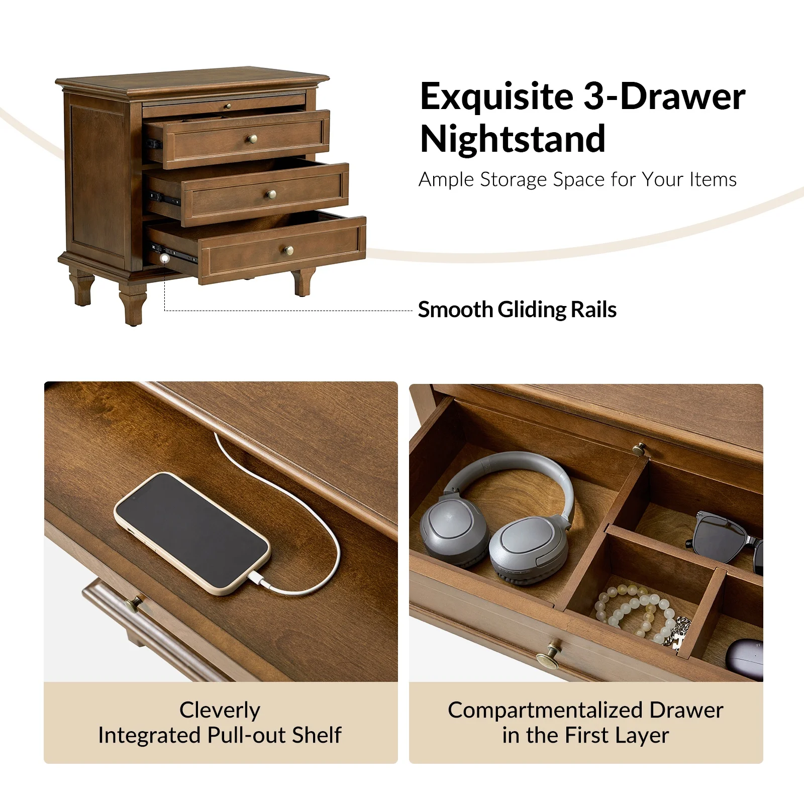 Farmhouse 3 Drawers Nightstand with Tray Bedside Table with Charging Station Acorn - Image 28