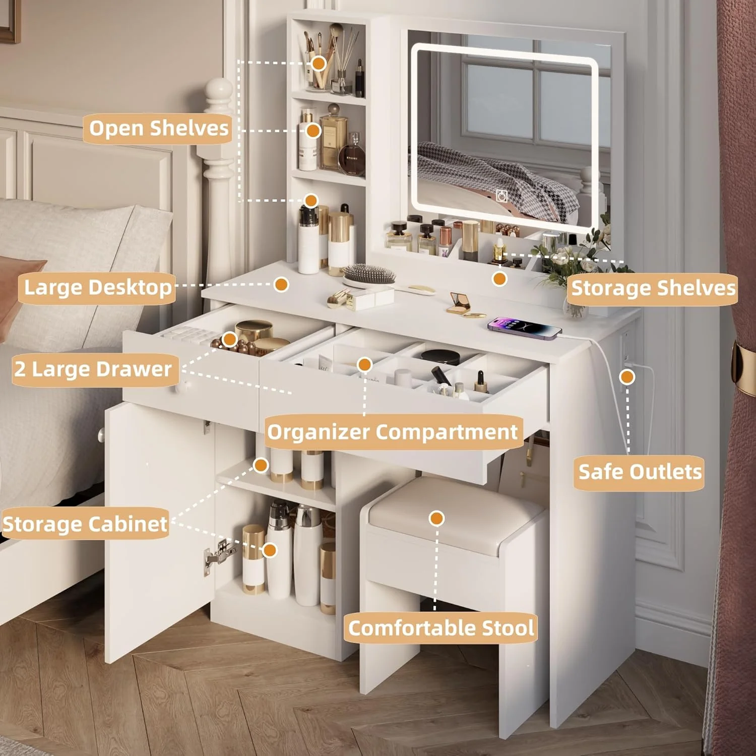 Montary Modern Mini Vanity w/Adjustable LED Mirror + Hidden Storage, Padded Stool & Dustproof Shelves (White) - Image 52