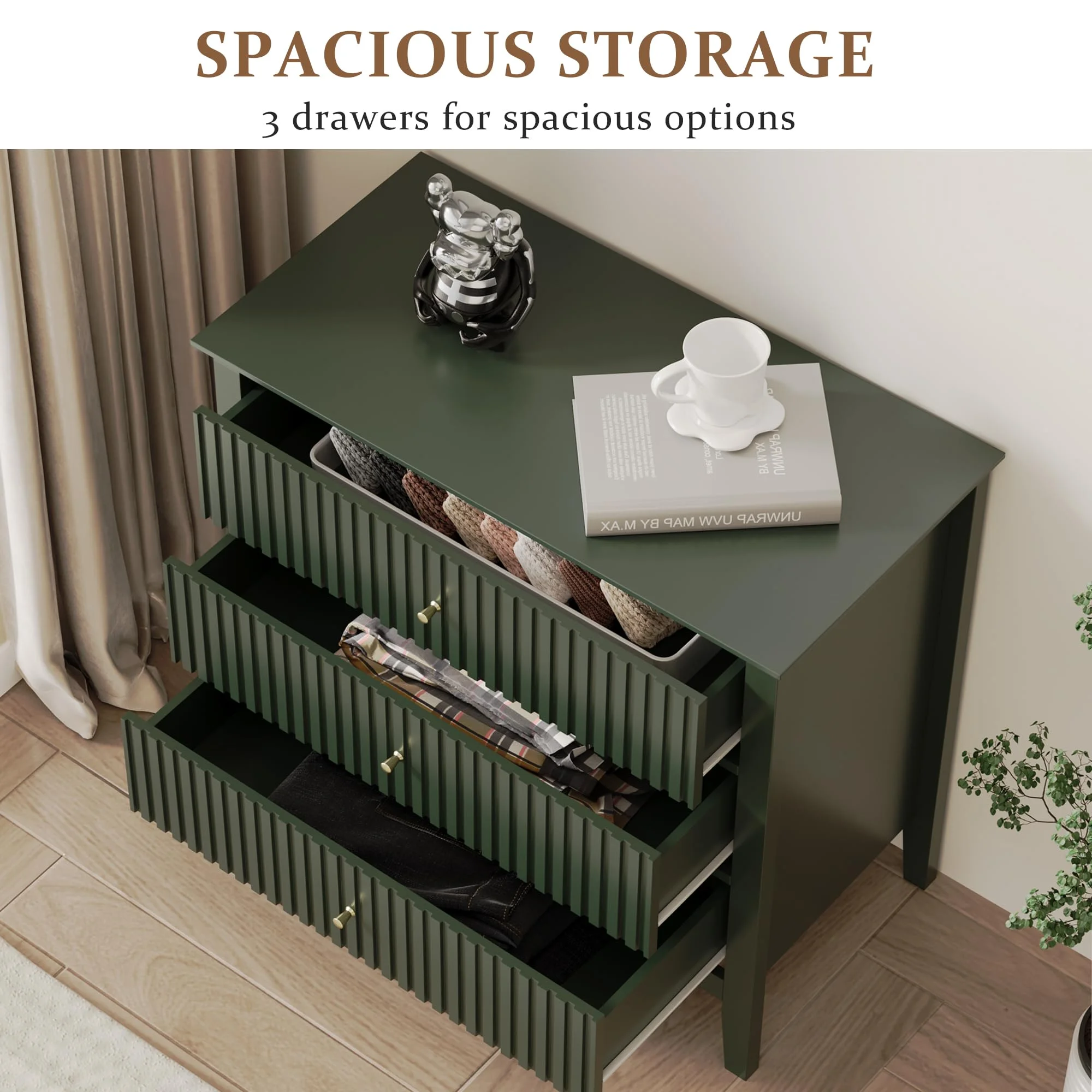 May Color Large White 3 Drawer Dresser Set of 2 with Fluted Panel, Modern Chest of Drawers with Silent Slide Drawers, Wood Accent Nightstand with Storage for Bedroom Living Room, Hallway - Image 124