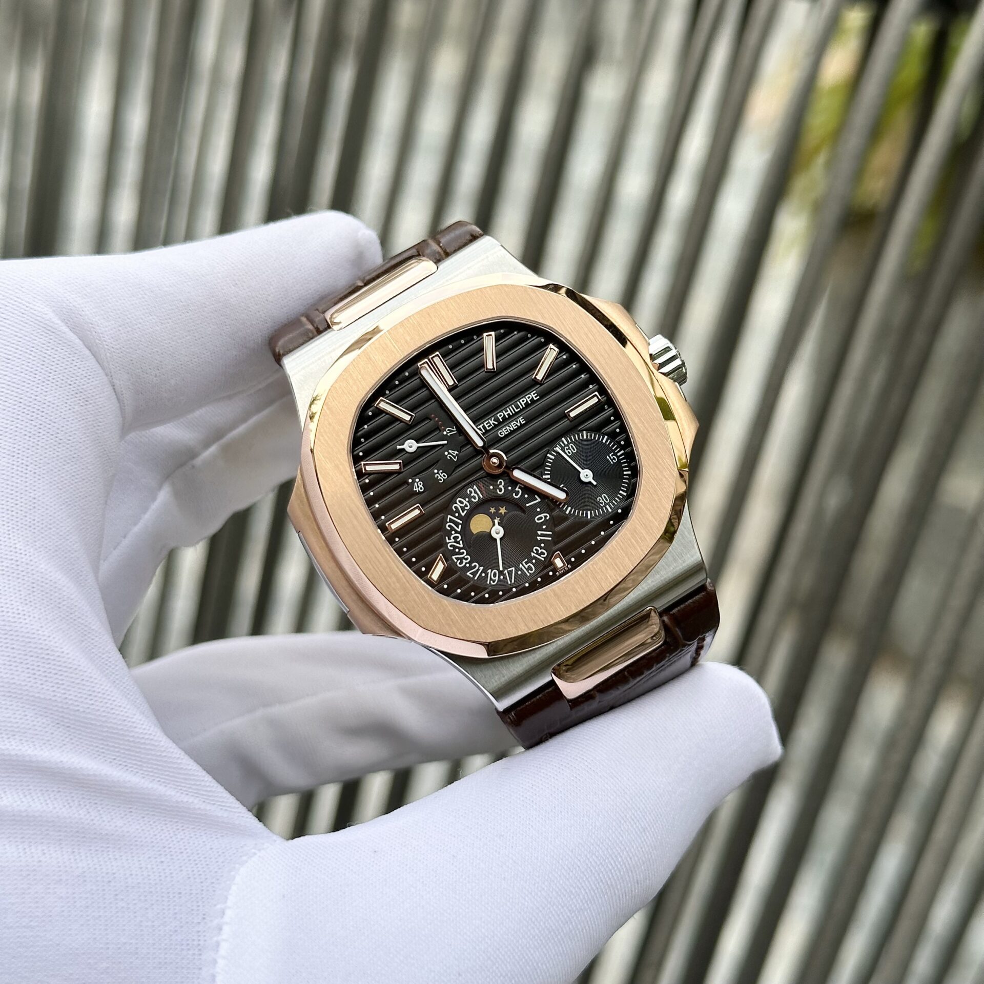 Patek Philippe Nautilus 5712 Demi Rose Plated Leather Strap Rep 11 Watch Factory GR 40mm - Elite Watch Atelier