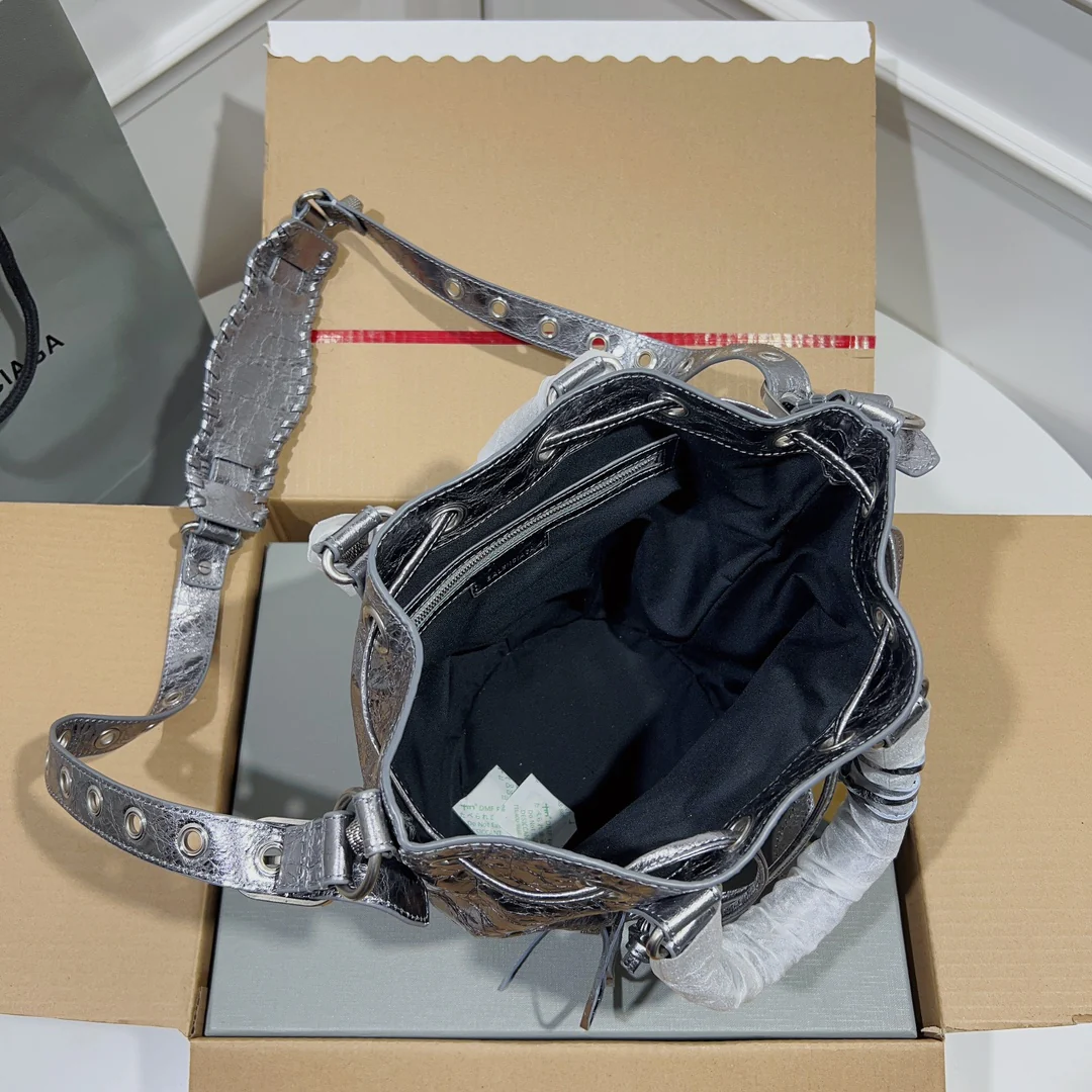 Metallic Balenciaga Bucket Bag with Studs and Adjustable Straps for Edgy Fashion Style No.3033 - Replicaclubs