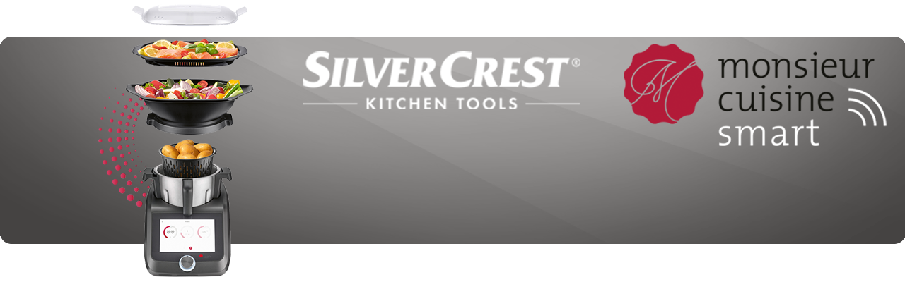 Cookeo Silvercrest et Monsieur Cuisine Smart avec différents accessoires.