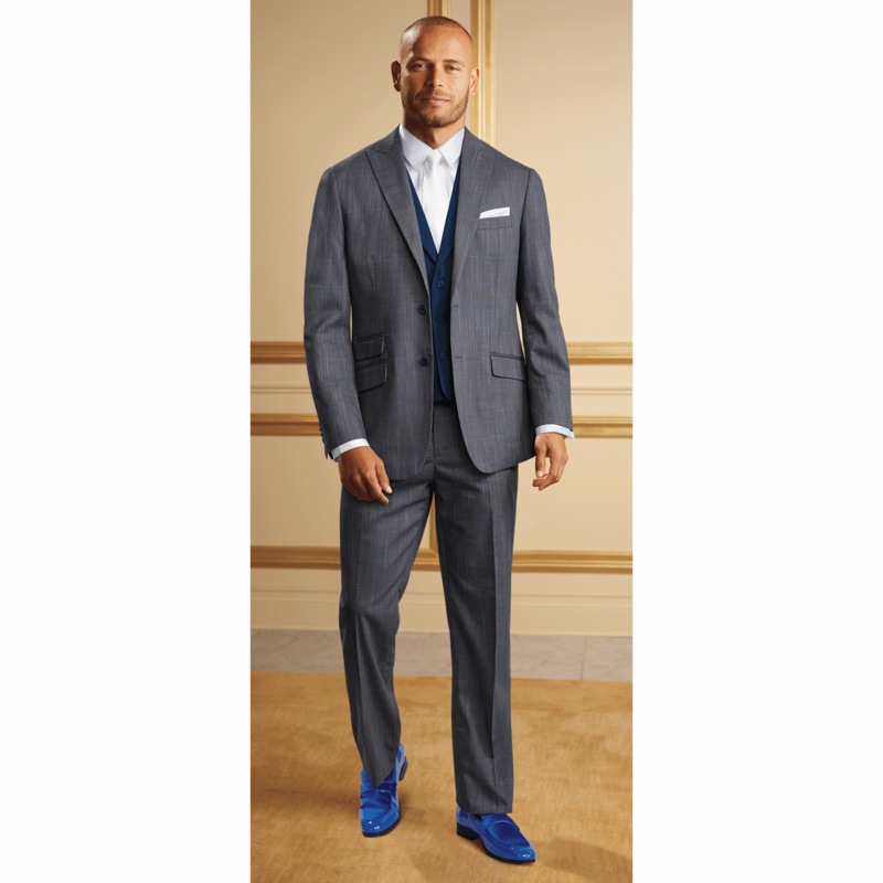 3-Piece Blue Windowpane Plaid Suit with Jacket, Pants and Contrasting Button-Down Vest - MIDNIGHT VELVET CATALOG