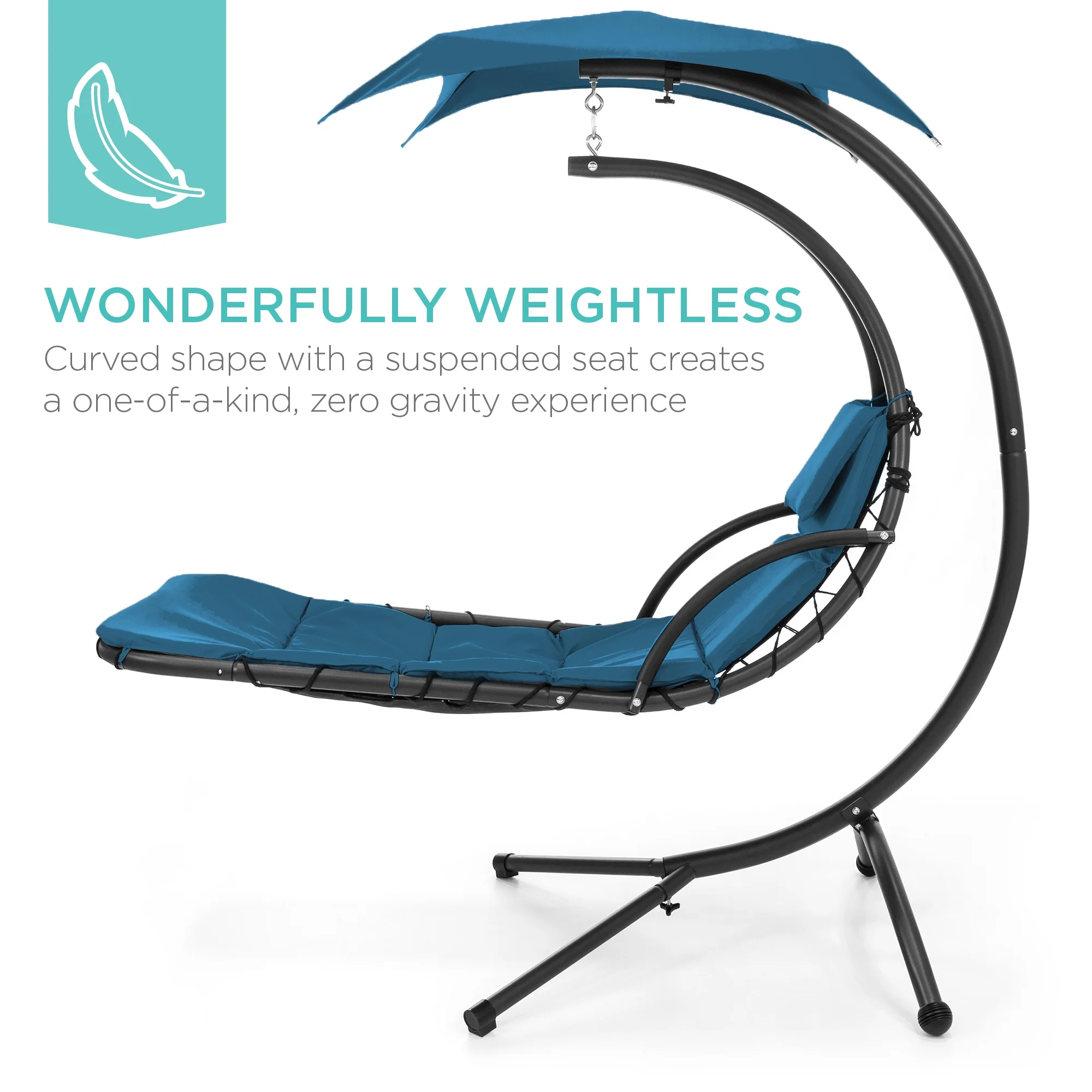 Best Choice Products Hanging Curved Chaise Lounge Chair Swing for Backyard, Patio w/ Pillow, Shade, Stand - Teal - Image 41