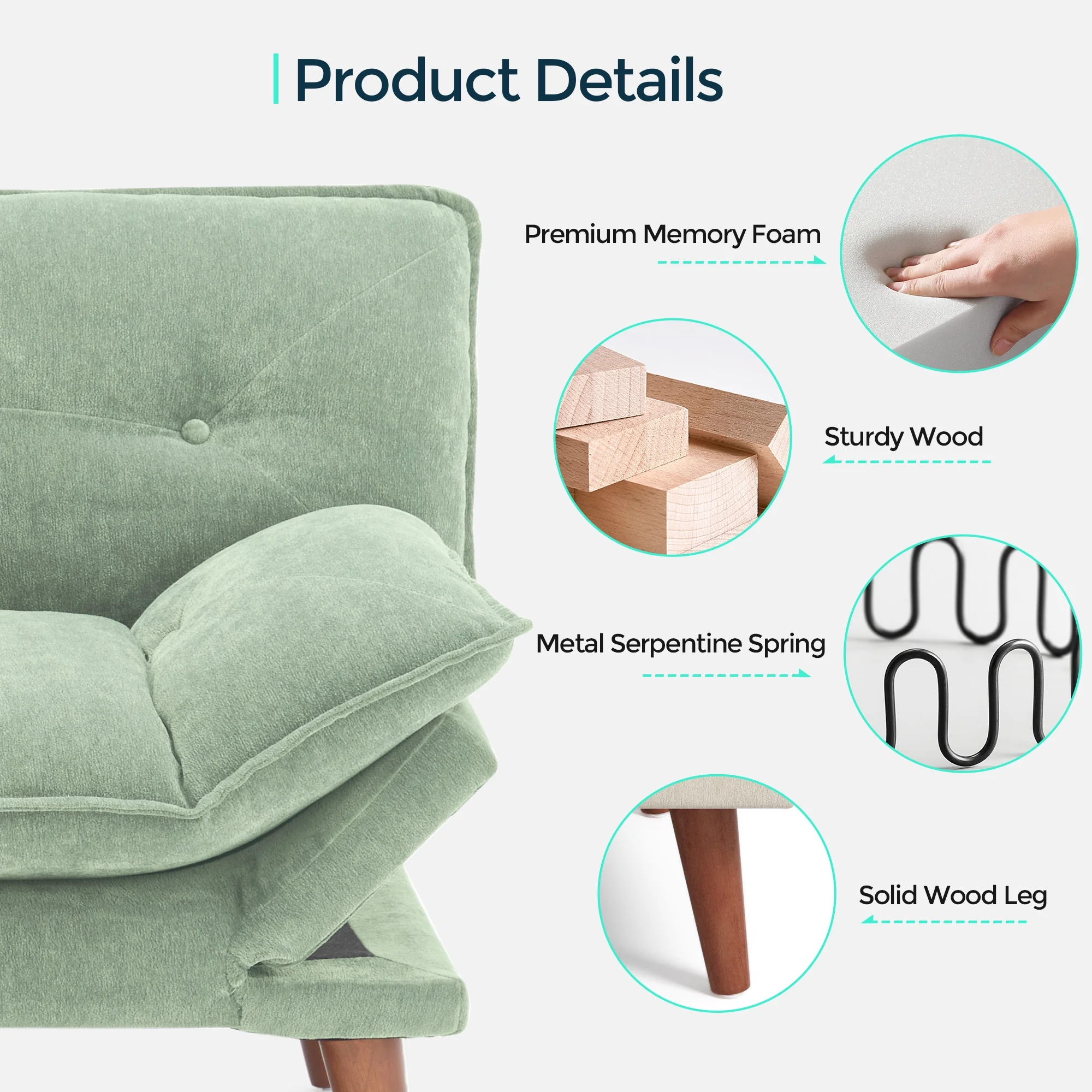 Linsy Home 70" W Chenille Convertible Futon Sofa Bed with Adjustable Armrests, Green - Image 9