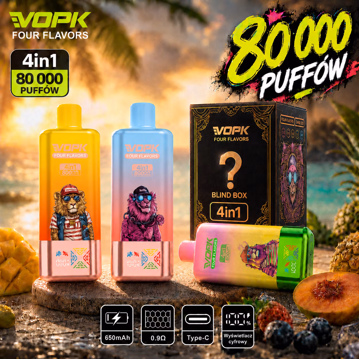VOPK 80 000 puffów 4w1 – BLIND BOX: losowy zestaw 4 smaków, czarne pudełko; 650 mAh, Type-C