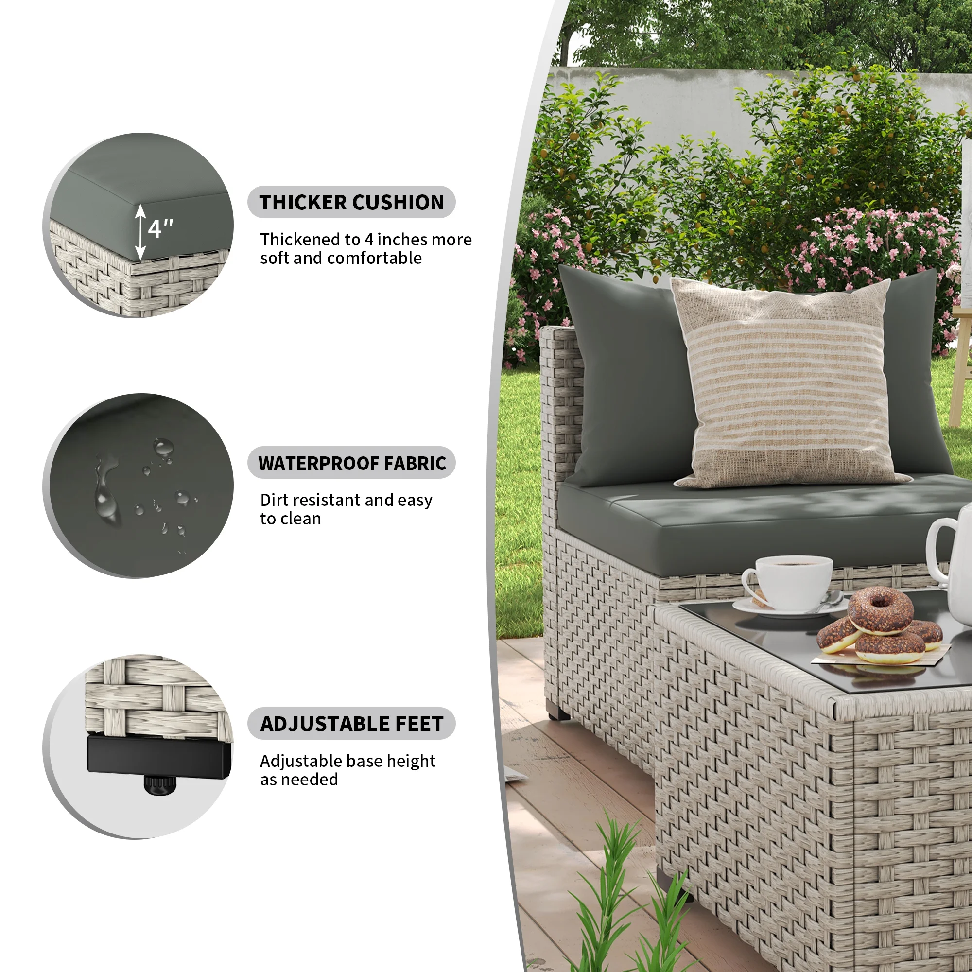 7 Pieces Patio Conversation Set, Outdoor Sectional PE Rattan Wicker Furniture Seat,Dark Gray - Image 4