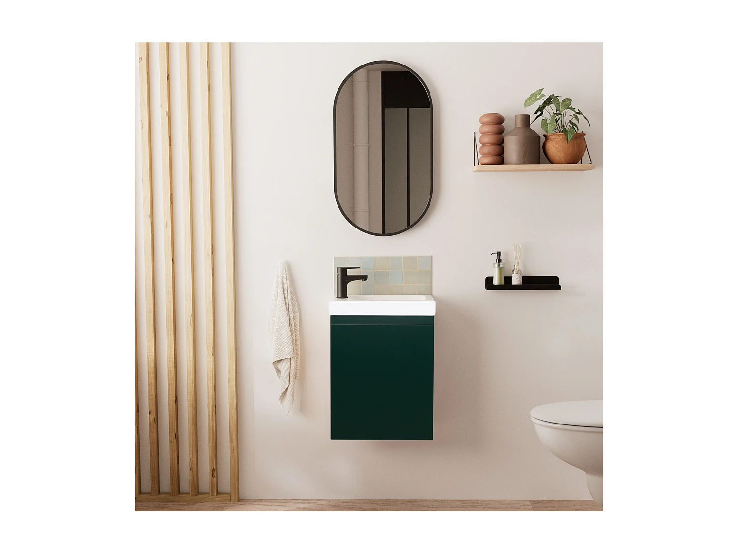 Meuble lave-mains LISA + robinet noir + miroir ovale