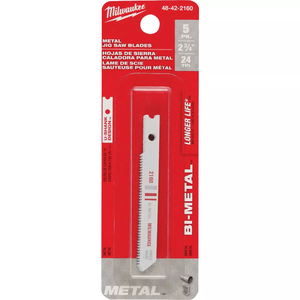 Milwaukee U-Shank 2-3/4 In. x 24 TPI Bi-Metal Jig Saw Blade, Metal Cutting (5-Pack)