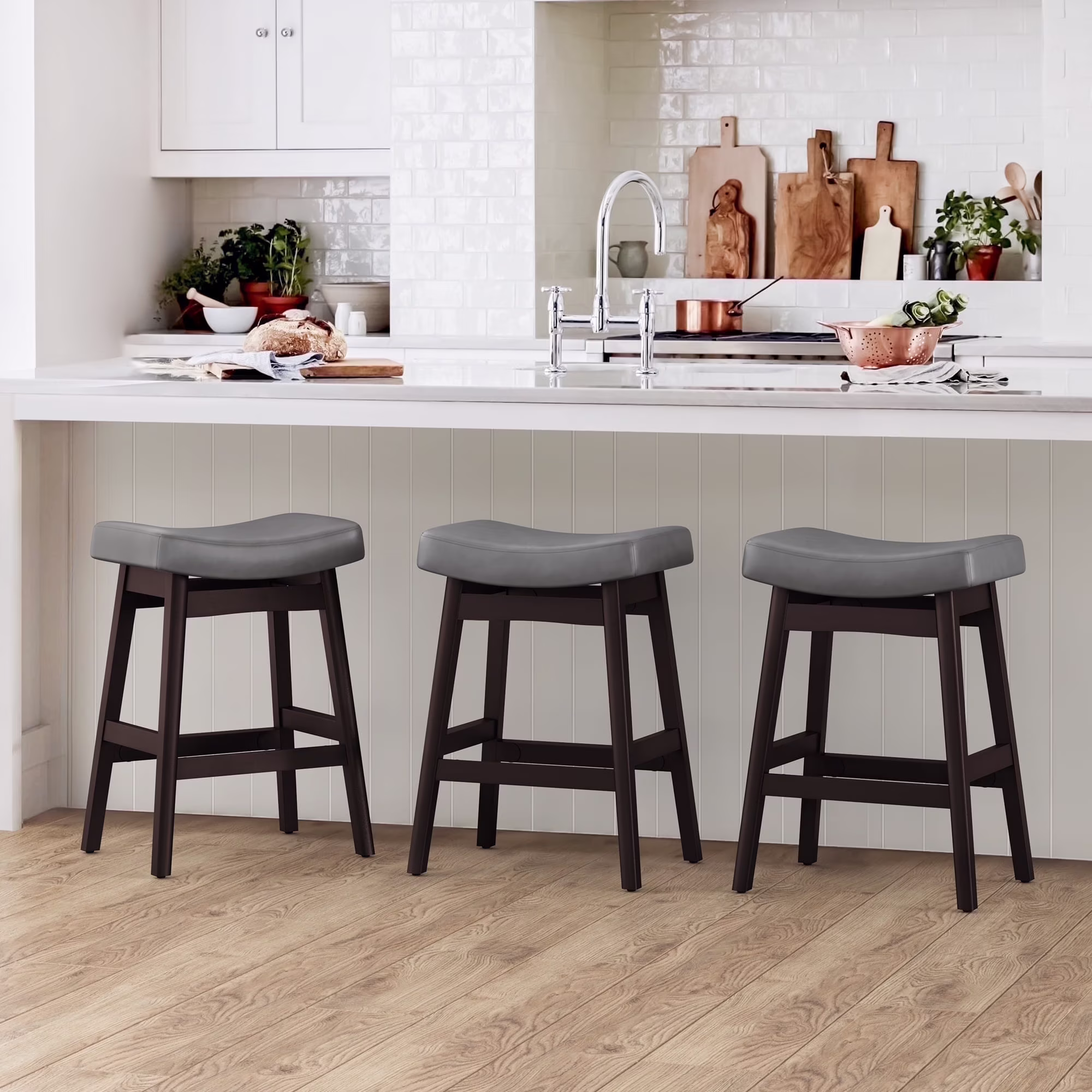 Dycanpo Saddle Seat Counter Height Bar Stools Set of 3 for Kitchen, Dining, 24in, Beige-Fabric - Image 3
