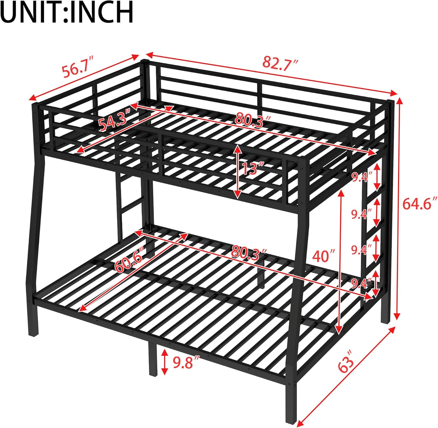 Bellemave Metal Full XL Over Queen Bunk Bed, Heavy-Duty Bunkbed Frame with Guardrails & 2 Ladders, Noise-Free, 9.8