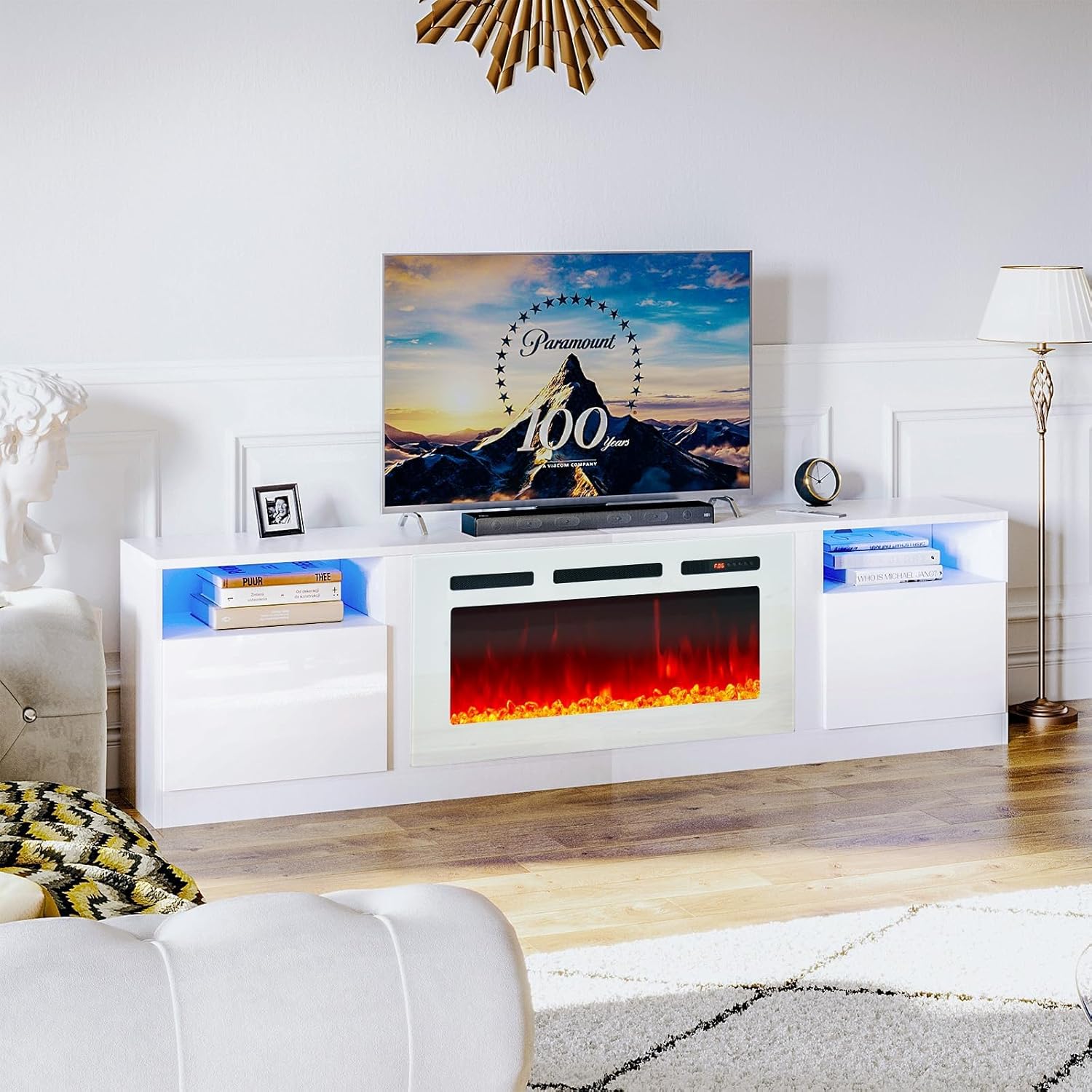 oneinmil 70” TV Stand with 36” Electric Fireplace, Large Modern Media Entertainment Center with Storage Cabinet and 12 Colors LED Lights for TVs Up to 80