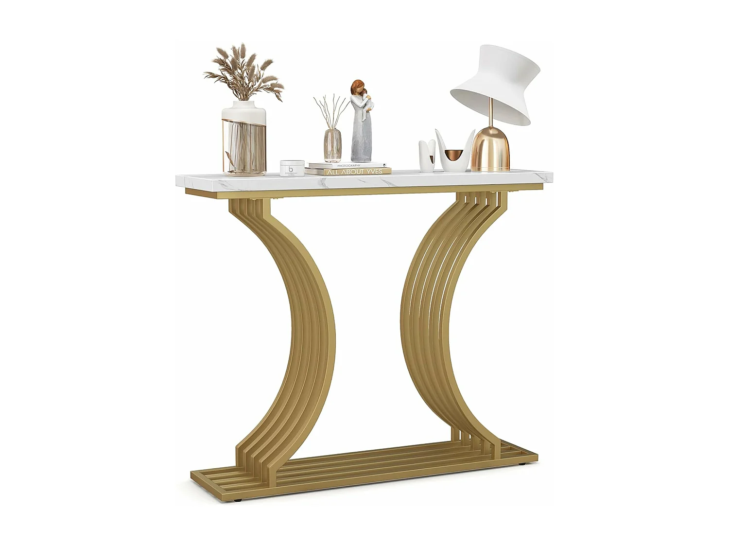 Table Console en Faux Marbre 100 cm, Console Entree Design Géométrique Moderne, Cadre en Métal Doré, Kit Anti-Basculement Inclus, 100 x 29,5 x 80,5 cm