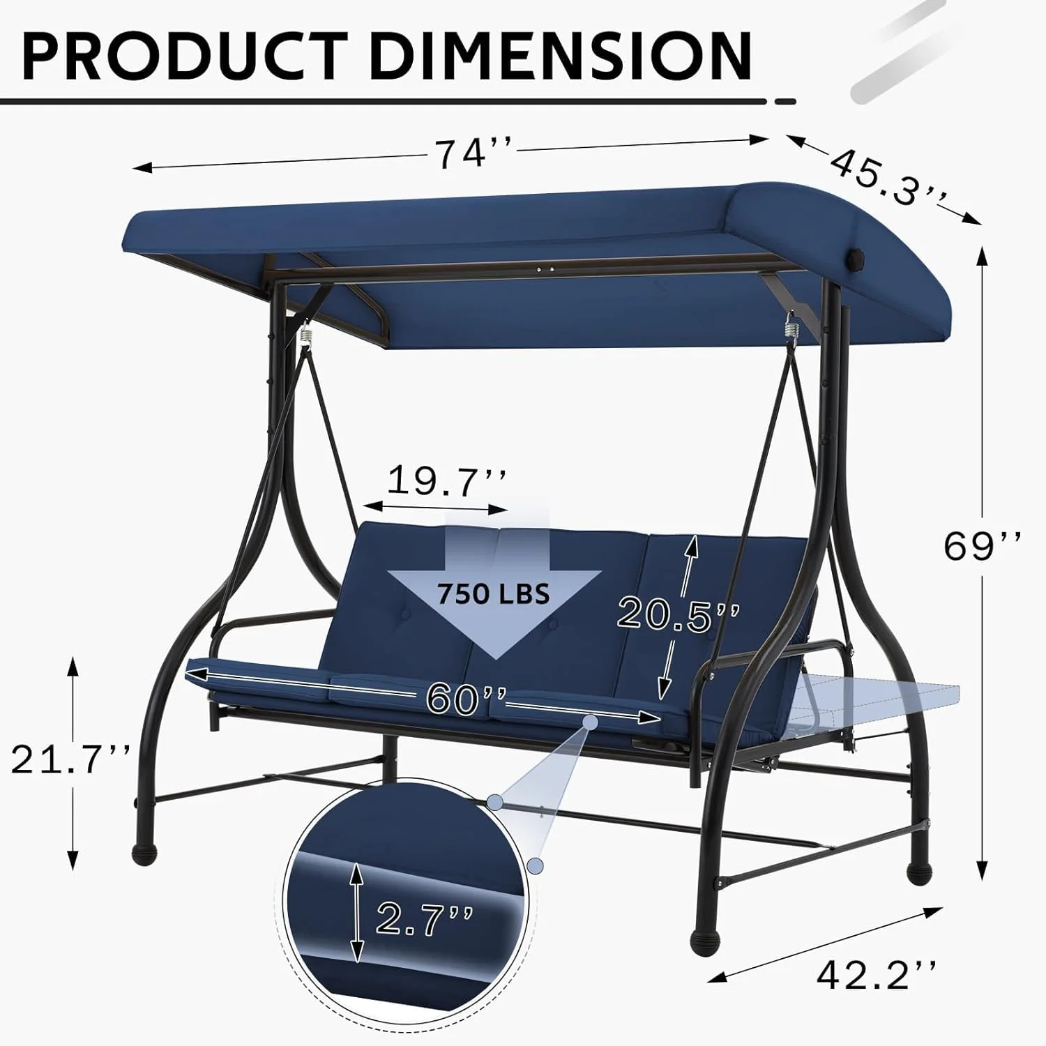 AECOJOY 3 Person Canopy Steel Porch Swing, Converting Swing Glider Hammock-Beige - Image 13