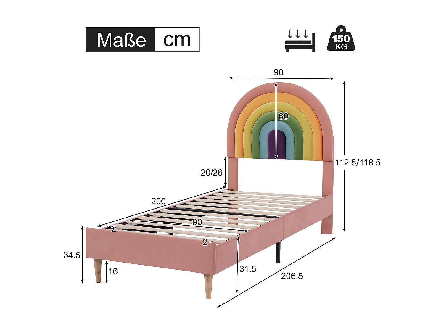 Lit Rembourré Simple Adultes Et Ados 90 * 200 cm Avec Sommier À Lattes Et Tête De Lit Arc-En-Ciel Réglable En Hauteur - Rose
