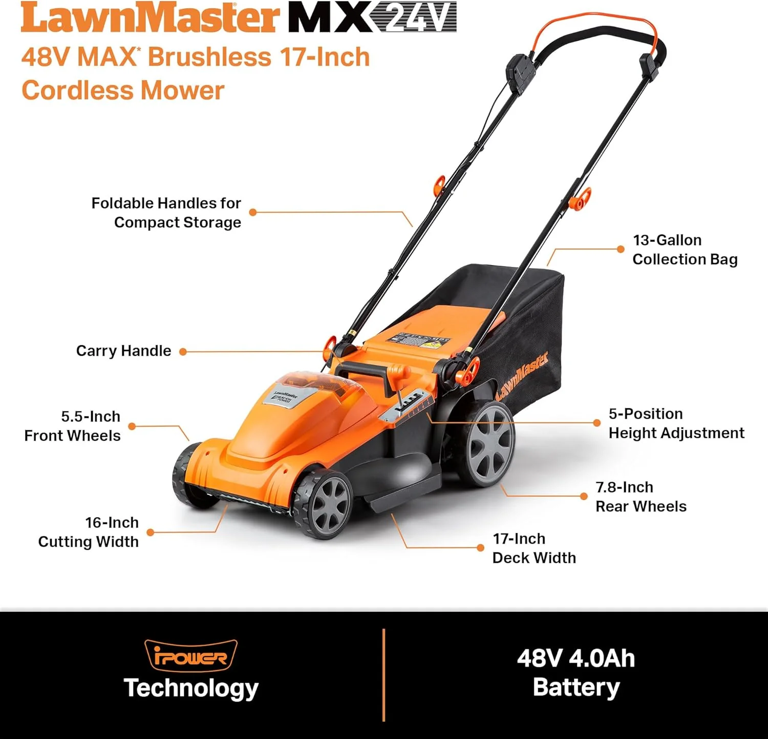LawnMaster 48V Max Brushless Lawn Mower With 2 x 24V Max 4.0Ah Batteries And Dual Charger - CLMF4817E - Image 2 LawnMaster 48V Max Brushless Lawn Mower With 2 x 24V Max 4.0Ah Batteries And Dual Charger - CLMF4817E - Image 2