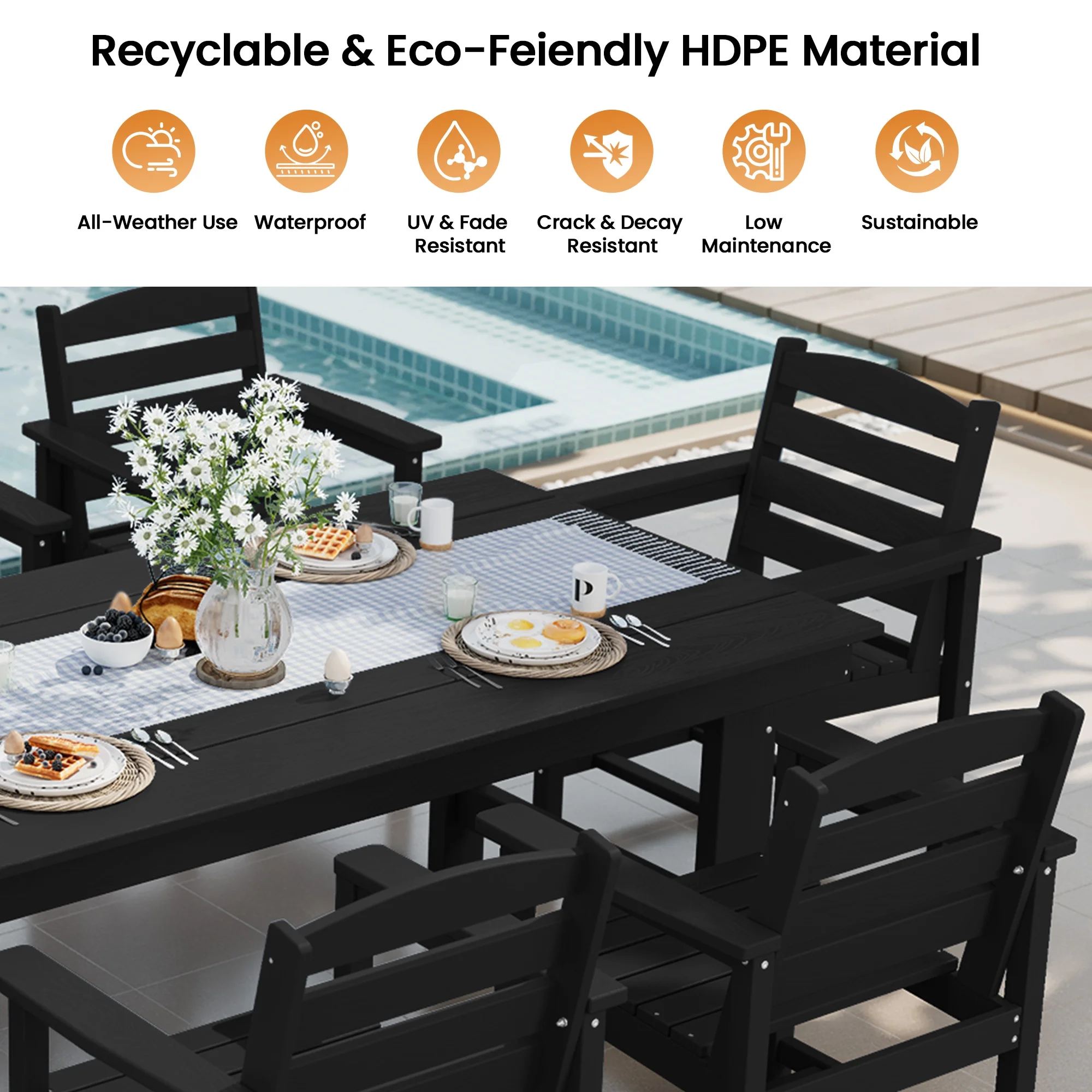 KINGYES 7-Piece Outdoor Dining Set, HDPE Patio Table and Chairs with Umbrella Hole, Gray - Image 18
