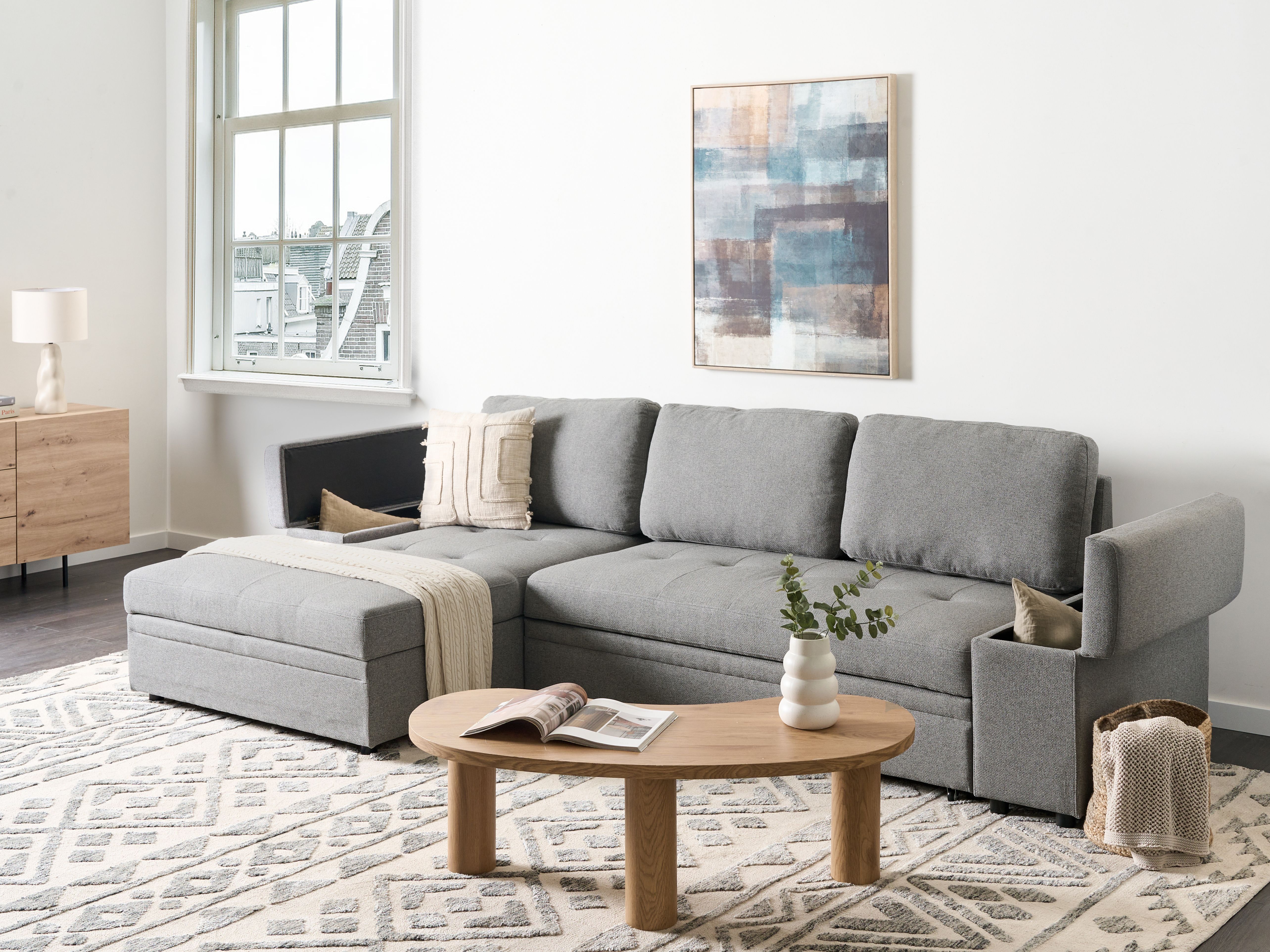 Corner Sofa Bed 3 Seater HRISEY Faux Linen Grey with Storage Right Hand