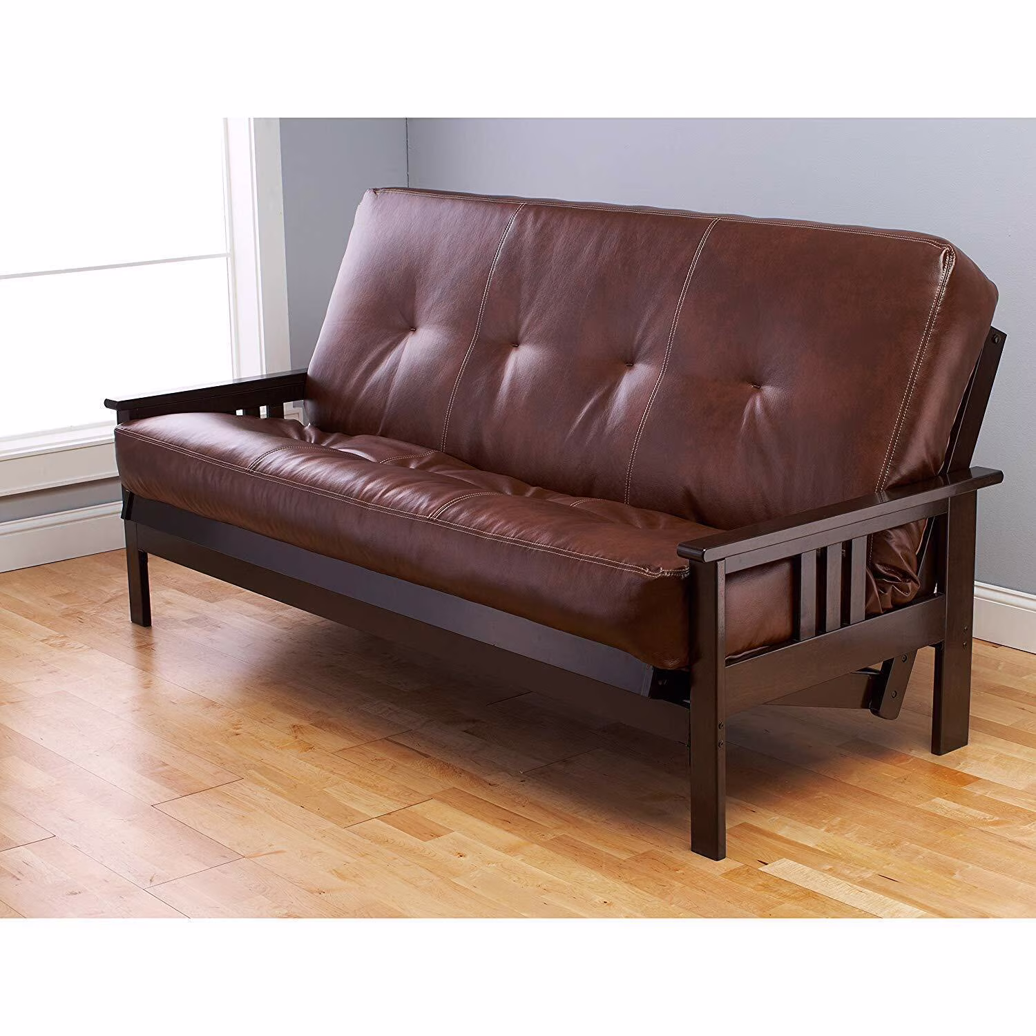 Maykoosh Retro Renaissance Futon Frame In Classic Design - Adjustable Sofa Bed Frame With Sturdy Wooden Construction, Ideal For Stylish Living Room Decor-Color:Linen Charcoal,Finish:Butternut