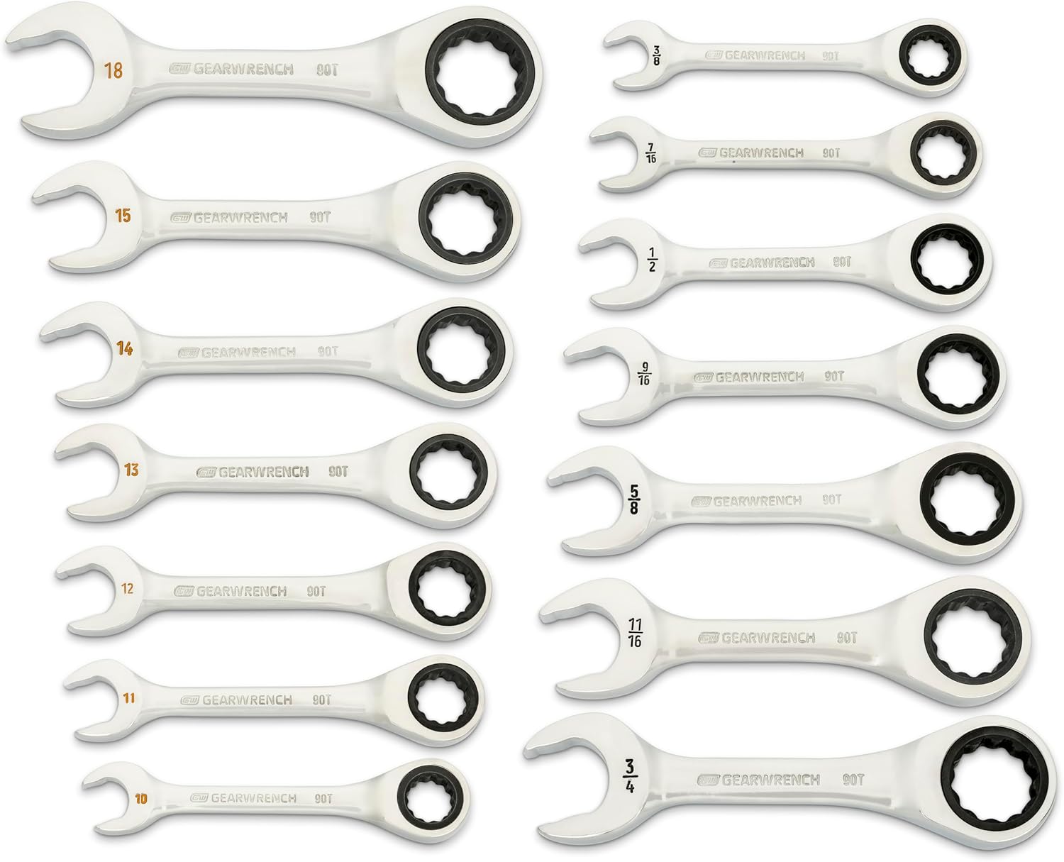 GEARWRENCH 14 Piece 90-Tooth 12 Point Stubby Combination Ratcheting Wrench Set, SAE & Metric | 3/8