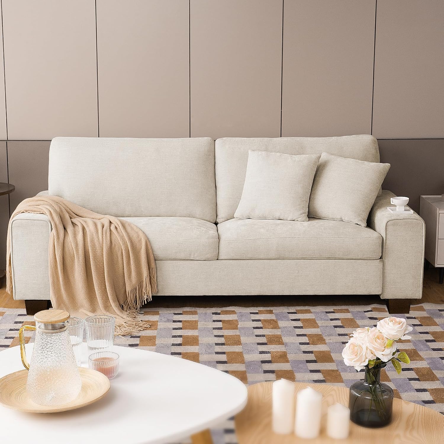 DOPEDIO Modern Loveseat Sofa for Living Room,Chenille Recliner, Removable Cover, Spring Cushions, Solid Wood Frame, Easy Assembly for Small Spaces (71.25inch，Beige)