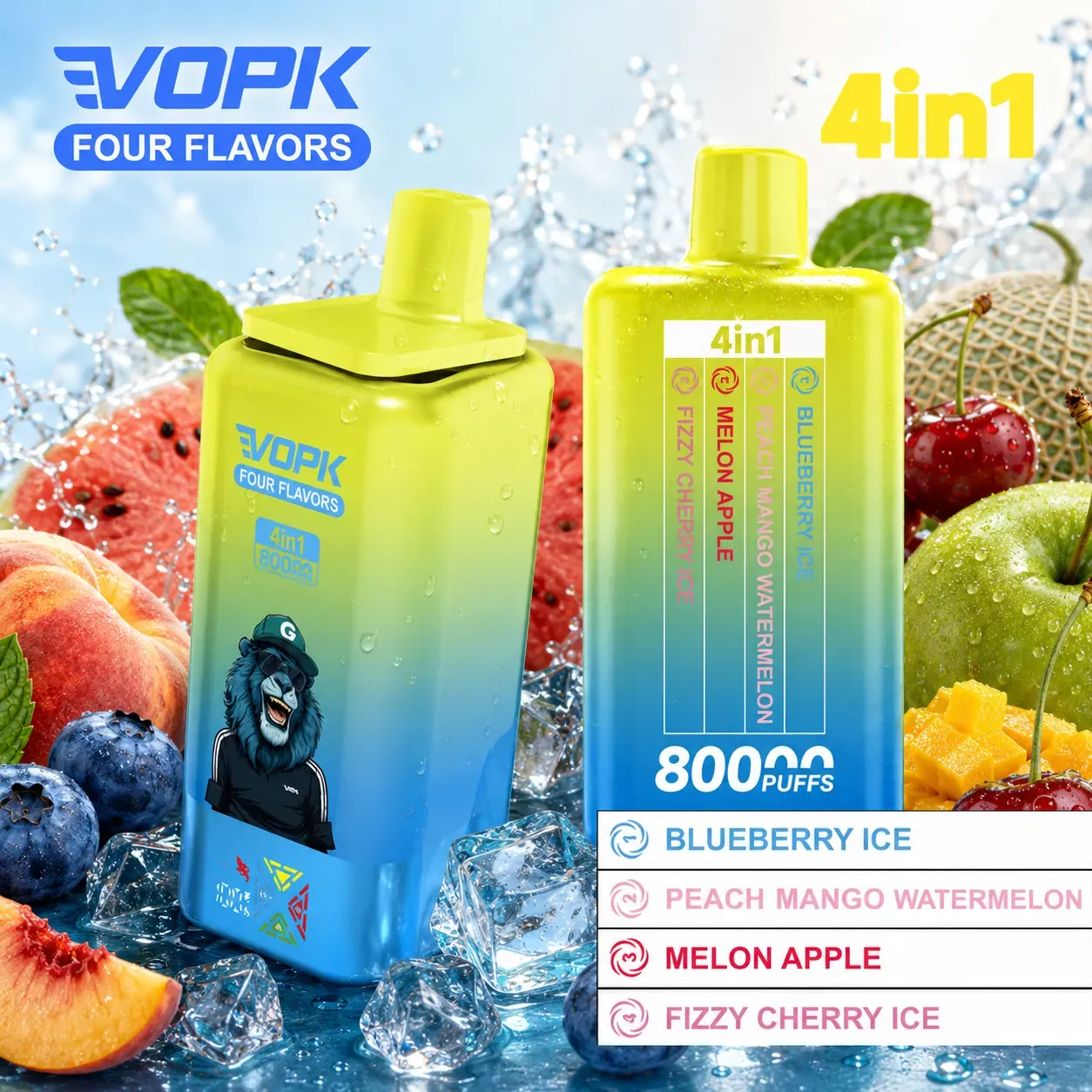 VOPK 80 000 puffów 4in1 – 650 mAh, 0,9 Ω, Type-C, wyświetlacz cyfrowy; 4 smaki w jednym urządzeniu