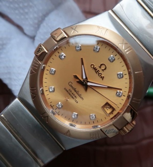 Replica Omega V6 Constellation 35mm Yellow Dial YG Bezel Diamonds Markers SS Bracelet A2500 - Elite Watch Atelier
