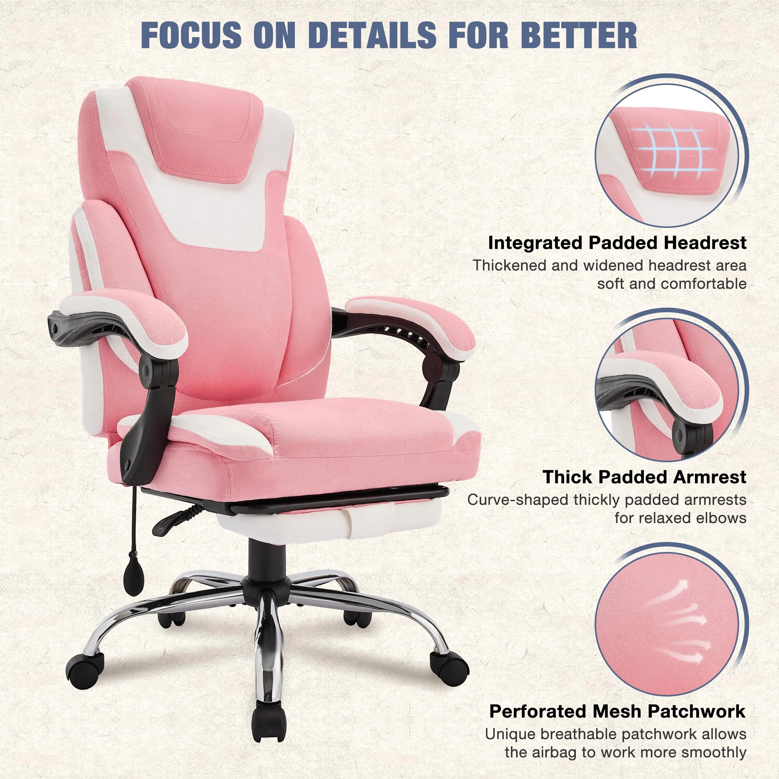 JONPONY Big and Tall Office Chair 400lbs, Executive Reclining Office Chairs with Footrest, High Back Home Office Chair Thick Padded Armrests, Ergonomic Adjustable Lumbar Support, PinkWhite - Image 2
