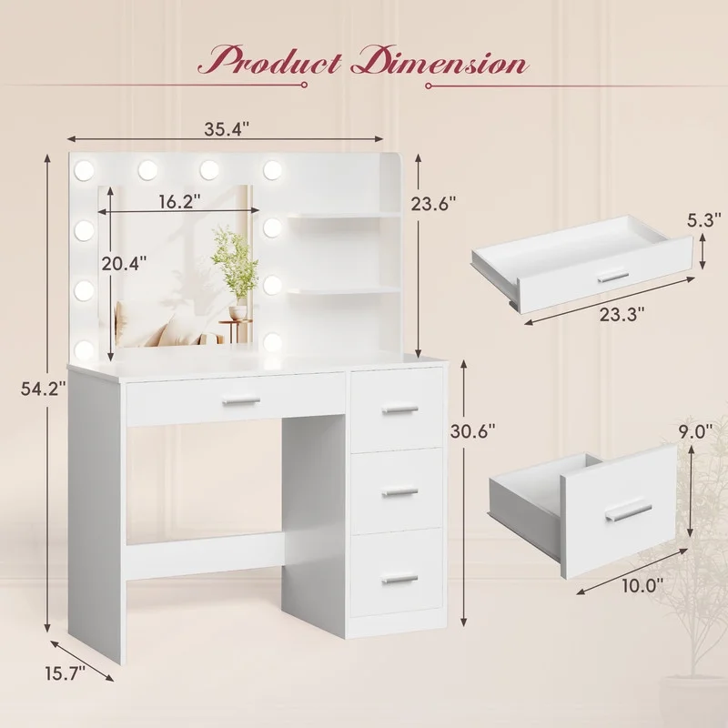 Lacoo Vanity Desk with Mirror and LED Lights, Makeup Vanity with 7 Drawers & 4 Shelves, Vanity Table with Power Outlet for Bedroom Dressing Room, White - Image 36