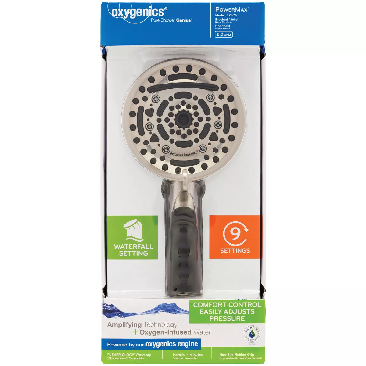 Oxygenics PowerMax 9-Spray 1.8 GPM Handheld Shower Head, Brushed Nickel