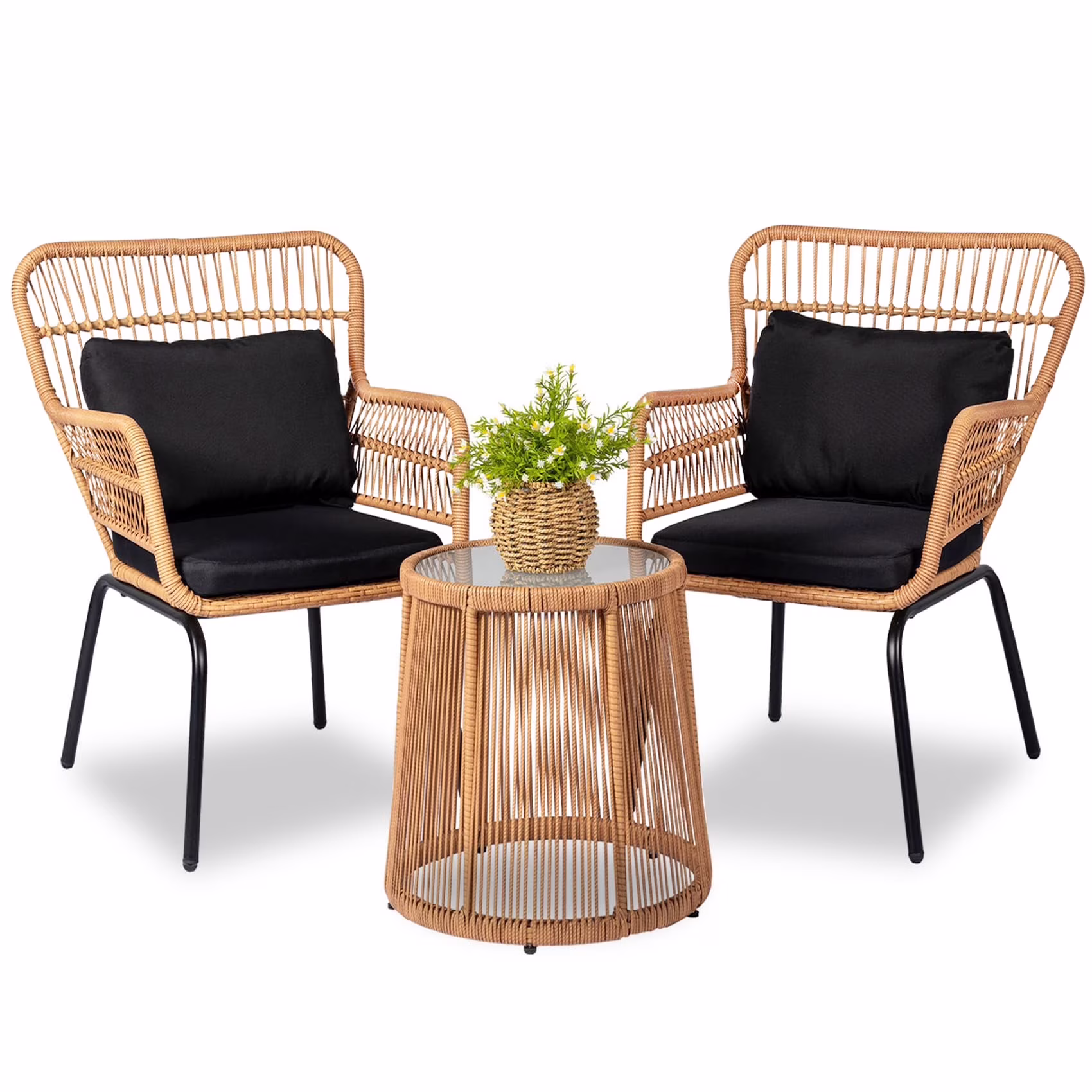 Tappio 3-Piece Patio Conversation Bistro Set Rattan Furniture, Outdoor Patio Set w/Glass Top Table & Cushions for Garden Balcony Backyard Poolside, Yellow/Beige - Image 7