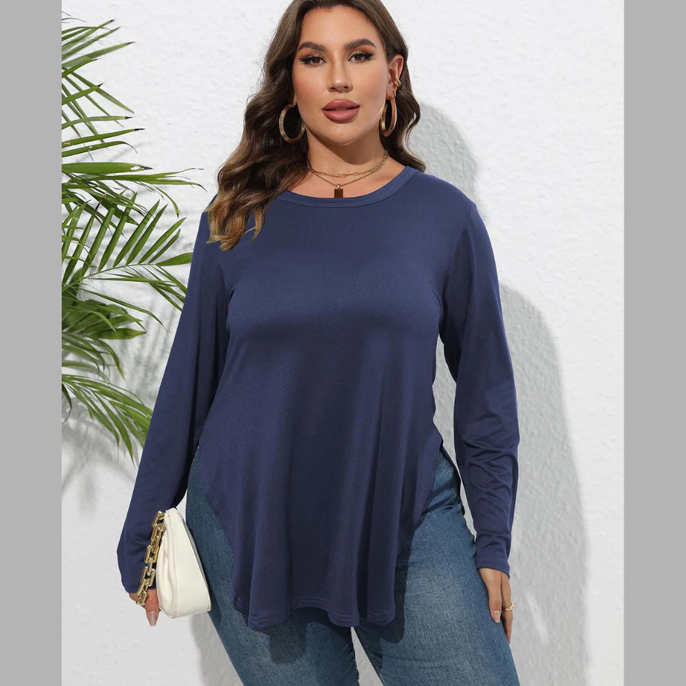 Plus Size Round Neck Long Sleeve Slit T-Shirt - ZKZOOK