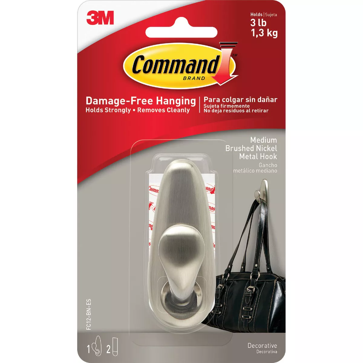Command Medium Forever Classic Hook, Brushed Nickel, 1 Hook, 2 Strips