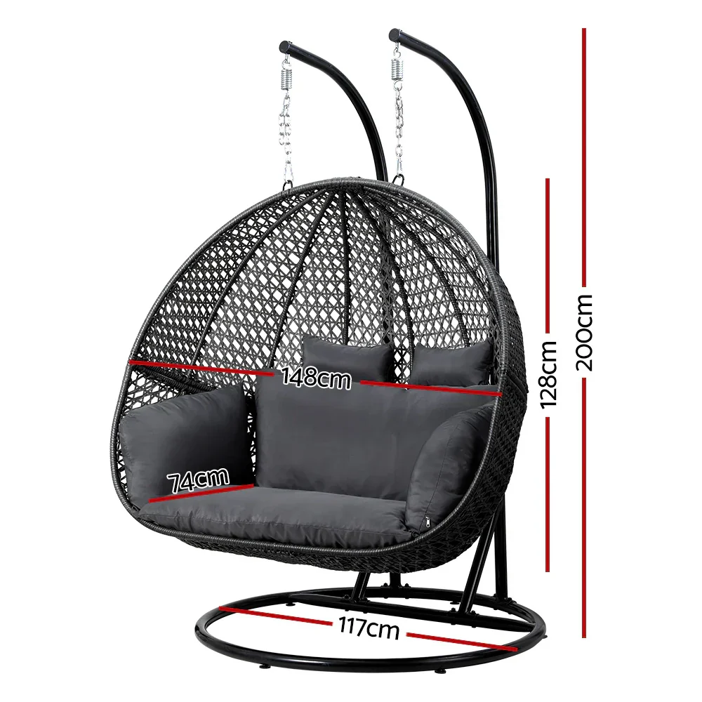 Gardeon Hanging Pod Chair With Stand And Cushion, 2 Seater, Grey - Image 2 Gardeon Hanging Pod Chair With Stand And Cushion, 2 Seater, Grey - Image 2