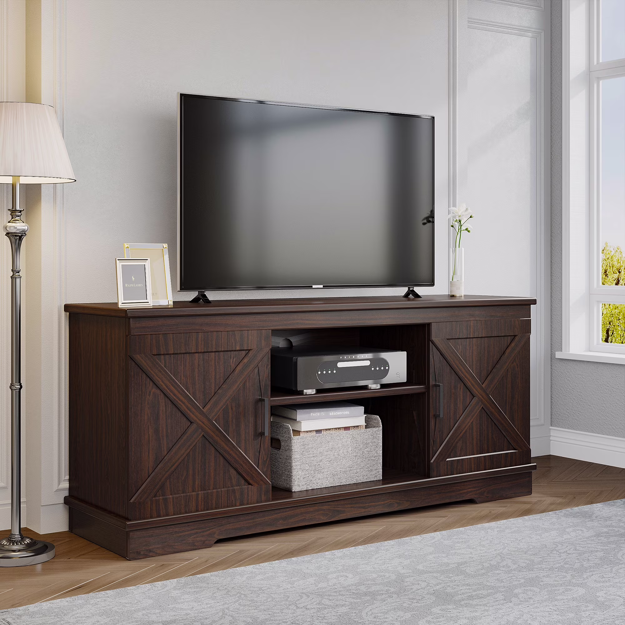 Dextrus Farmhouse TV Stand for 65 inch TV, Entertainment Center for Living Room, TV Media Console Cabinet, Grey Wash - Image 3