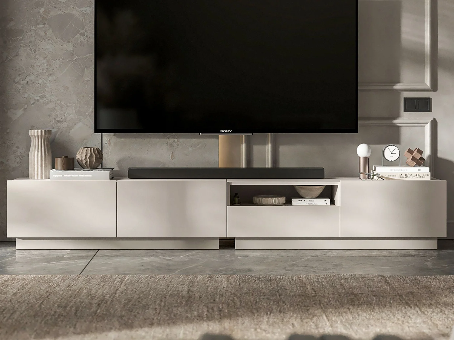 Meuble TV avec 3 portes et niche, tiroir - corps Cachemire mat, façades Cachemire mat - 240 cm, sur socle