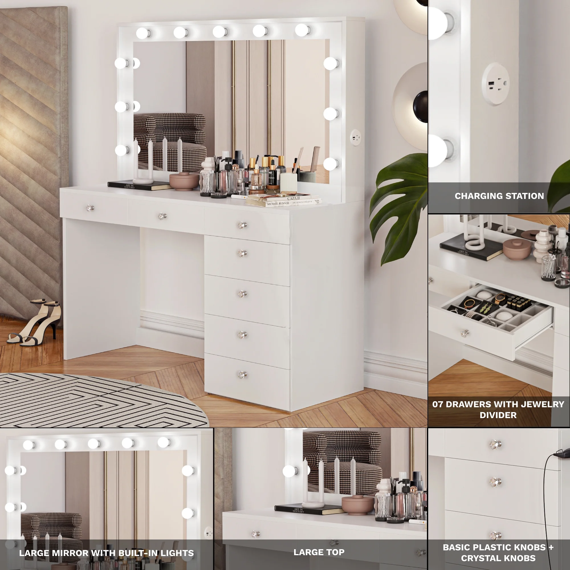 Ember Interiors Peggy Vanity Desk with Lighted Mirror and USB Ports