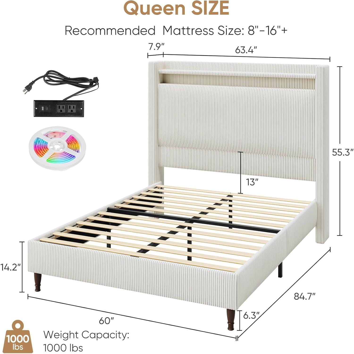 Queen Bed Frame with Tall Headboard, 55.3