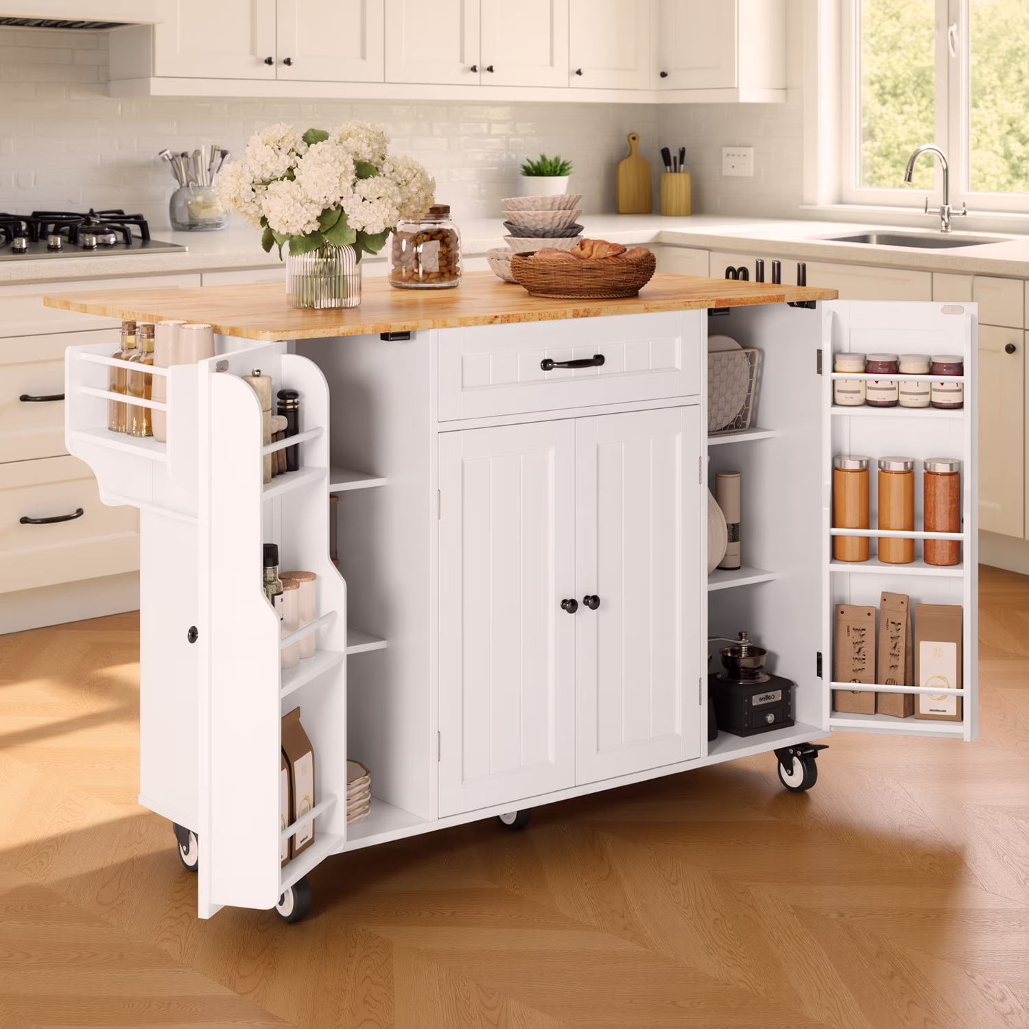 Noelse Kitchen Island with Storage, Island Table for Kitchen with Drop Leaf, Spice Rack, Towel Bar for Small Kitchens, White - Image 3