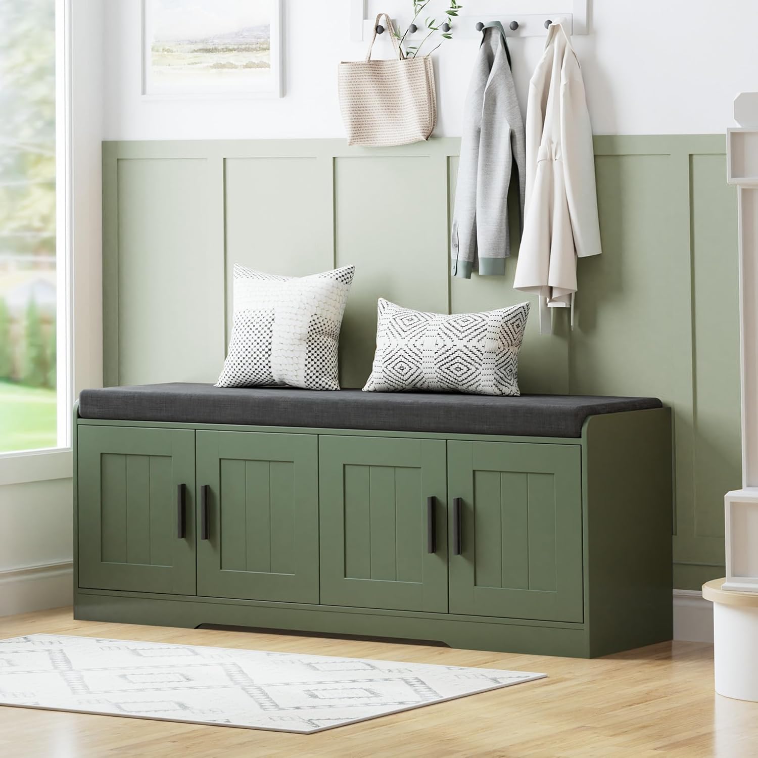 Homleke 2-Tier Storage Bench, Shoe Bench with Thickened Padded Seat Cushion, Entryway Bench with 4 Doors, Adjustable Shelf, 13.8
