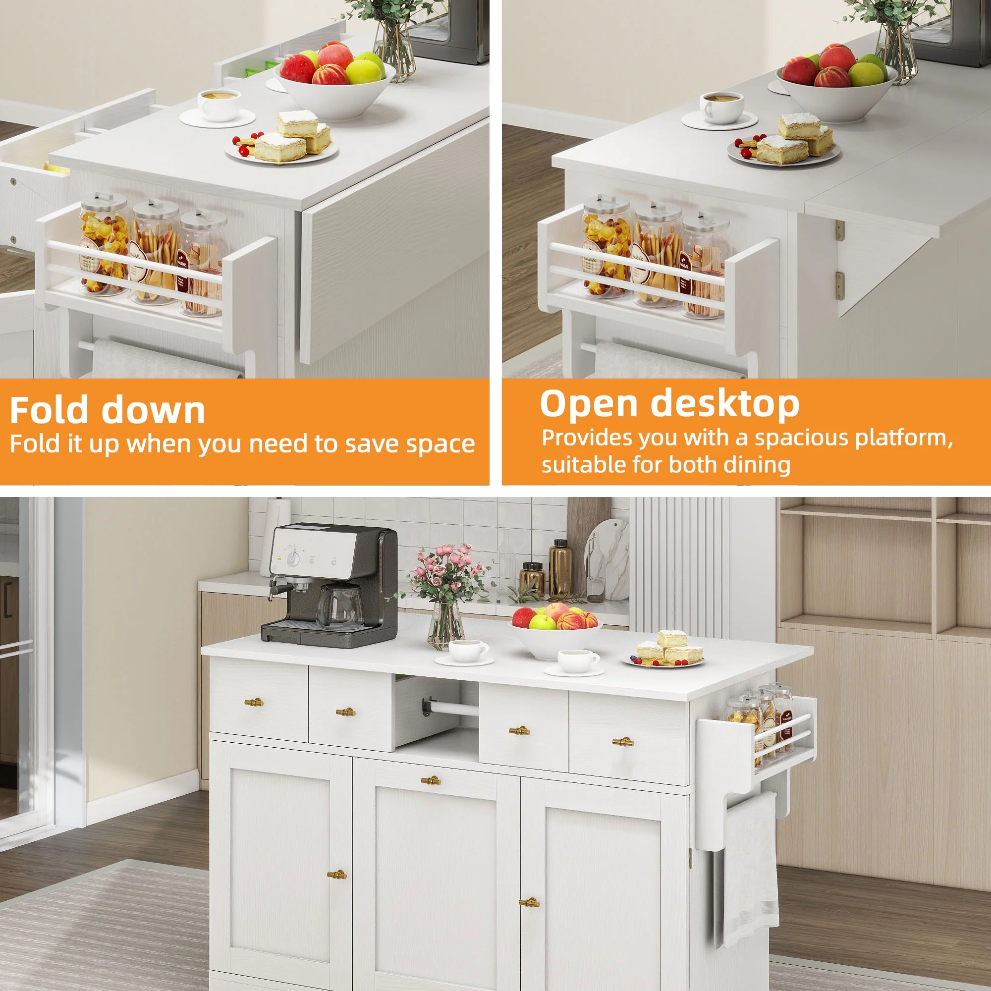 Craftian Kitchen Island with Drop Leaf & Power Outlets, Kitchen Cart with Trash Storage, White