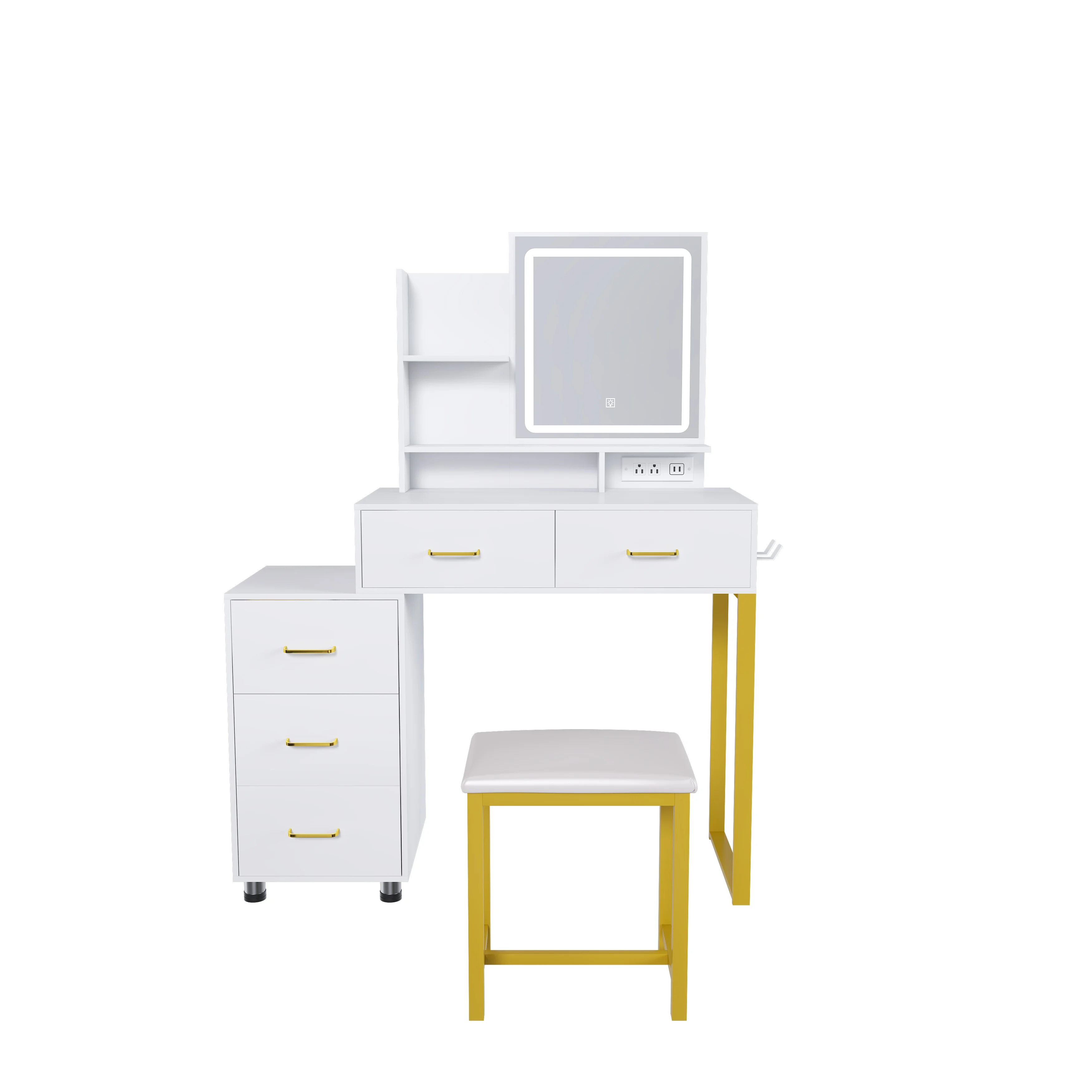 Montary Modern Mini Vanity w/Adjustable LED Mirror + Hidden Storage, Padded Stool & Dustproof Shelves (White) - Image 102
