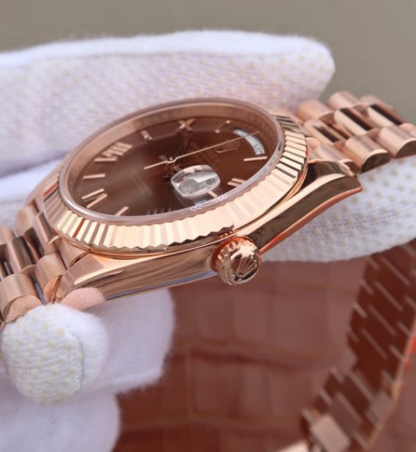 Replica Rolex Day-Date 40mm 228235 RG Noob Brown Dial Roman Markers RG Bracelet A3255 - Elite Watch Atelier