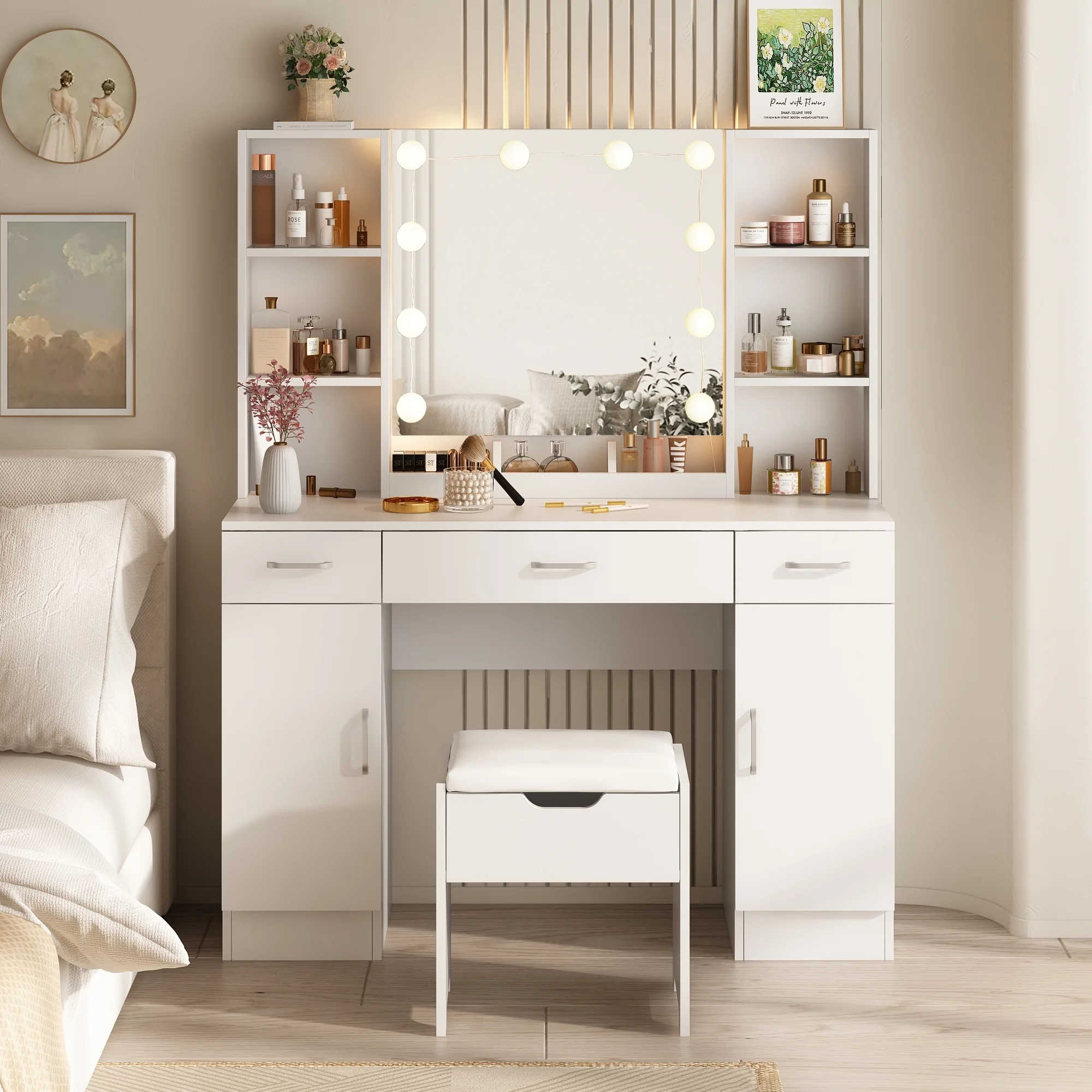 VEANERWOOD Large Makeup Vanity Set with Light Modern Makeup Vanity Table with Storage and Adjustable Lighting Colors for Bedroom 45.2in, White - Image 2